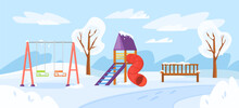 Children Playground In Snowy Park Vector Illustration. Swing, Slide, Bench Covered With Snow. Snowy Weather, Leisure Activities Concept