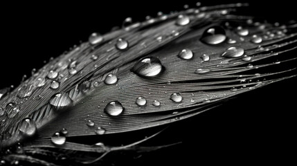 Fragment of a feather of a bird with drops of water. Photographed closeup. Generative Ai