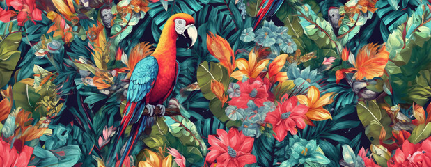 Tropical exotic pattern with animal and flowers in bright colors and lush vegetation. Ai Generative.