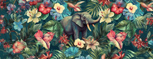 Tropical Exotic Pattern With Animal And Flowers In Bright Colors And Lush Vegetation. Ai Generative.