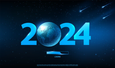 Poster - Futuristic 2024 New Year template with planet earth map on space background. Blue hologram of the numbers 2024. Global network connection. Digital AI world. technology and Science banner. Vector EPS10