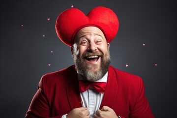 Portrait of a happy man with a red heart on Valentine's day concept.