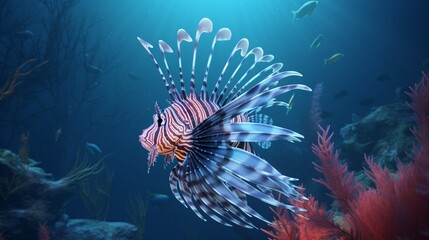 Wall Mural - a mesmerizing scene of a solitary lionfish, with its striking, spiky fins, gliding through the serene blue depths of a coral-filled sea.