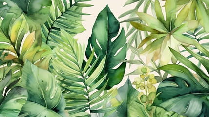 Wall Mural - Leaves isolated on white. Green tropical leaves. Hand drawn vector illustration. Generative Ai