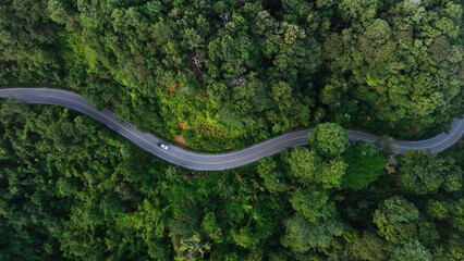 Poster - Aerial view of a road in the middle of the forest , road curve construction up to mountain