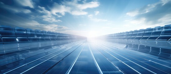 Installing polycrystalline silicon solar cells or photovoltaics on a factory roof to absorb sunlight, generate electricity.