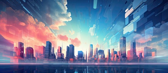 Poster - Modern cityscape with futuristic buildings and a digitally enhanced sky in cool colors.
