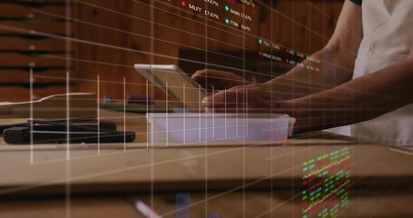 Poster - Animation of financial data processing over caucasian woman and man using tablet