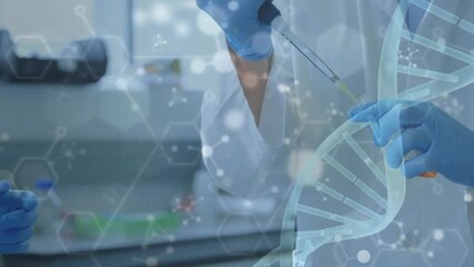 Poster - Animation of scientific data processing and dna strand over scientists in laboratory