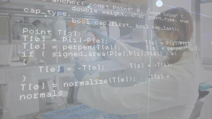 Poster - Animation of scientific data processing over caucasian female scientist in laboratory