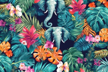 Wall Mural - Tropical exotic pattern with animal and flowers in bright colors and lush vegetation. Ai Generative.