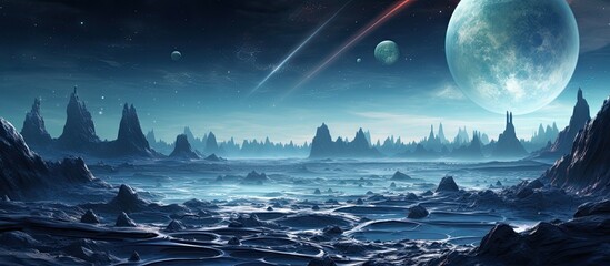 Wall Mural - illustration of an alien planet in a fantasy universe, depicted in 3d.