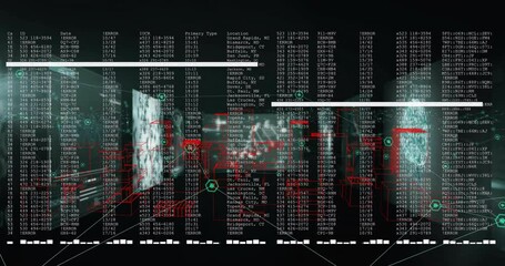 Poster - Animation of data processing over screens with graphs, networks and dna on black background