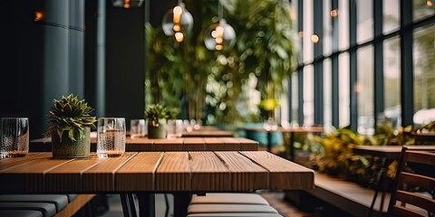 Wall Mural - Contemporary dining experience. Modern wooden table and chairs set in stylish and elegant restaurant interior. Urban elegance. Empty desk and chair in interior with beautiful design and ambiance