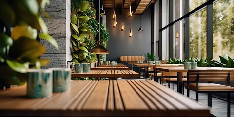 Wall Mural - Contemporary dining experience. Modern wooden table and chairs set in stylish and elegant restaurant interior. Urban elegance. Empty desk and chair in interior with beautiful design and ambiance