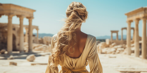 Young woman looking at old ruin temple.