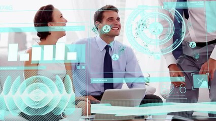 Poster - Animation of data processing over happy caucasian male and female colleague in meeting using laptop