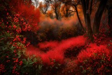 A Dense Thicket Of Bushes Adorned With Red Berries, Adding A Burst Of Color To The Autumn Scene.