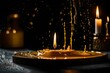  A close-up shot of a melting candle on a table, capturing the intricate details of the wax as it drips.