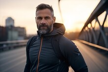 Portrait Of A Handsome Middle-aged Man In Sportswear Standing On A Bridge