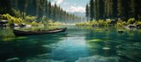 Fototapeta  - A clear, turquoise river on the edge of a pine forest and several canoes docked