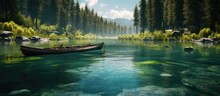 A Clear, Turquoise River On The Edge Of A Pine Forest And Several Canoes Docked