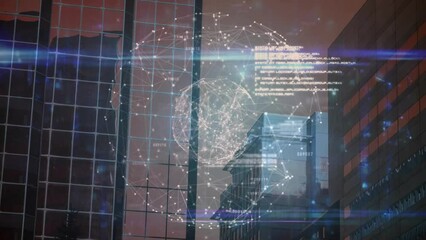Poster - Animation of computer language, connected dots forming globe against buildings and sky