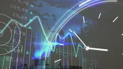 Poster - Animation of line graph with numbers and clock and map on abstract background