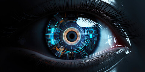 Wall Mural - Close up of a sci-fi cyborg eye. Futuristic human eye technology - digital iris