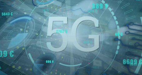 Poster - Animation of 5g text in circle with programming language and changing numbers over light beams