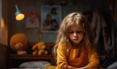 Wall Mural - sad depressed young girl child sit in your room.