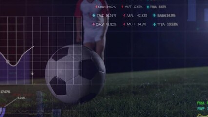Poster - Animation of trading board and graphs over caucasian player kicking soccer ball on ground