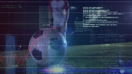 Poster - Animation of graphs and computer language over low section of caucasian player kicking soccer ball