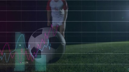 Poster - Animation of multiple graphs and numbers over low section of caucasian player kicking soccer ball