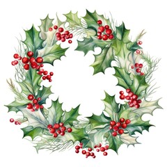 Sticker - watercolor holly wreath with red berries on white