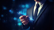 © red_orange_stock - Close up of businessman holding a pen with high tech concept on background