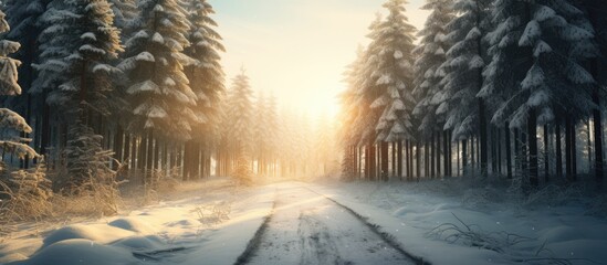 Sticker - Pine trees line a snowy road with sunlight streaming through.