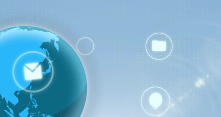 Poster - Animation of globe rotating with various mobile application icons on blue background
