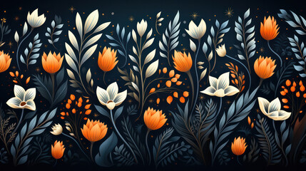 Wall Mural - Blue and Orange Pattern Design Background - A Captivating Fusion of Colors in Elegant Blooms.