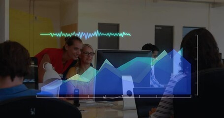 Poster - Animation of graphs and soundwaves over caucasian colleagues using computer and giving high-five