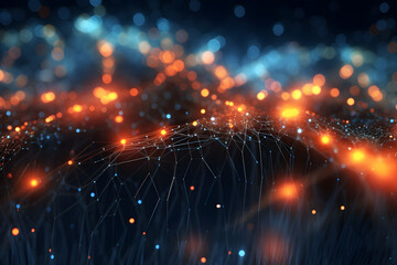 Fototapete - Data background of wires and glowing particles. Generative Ai.