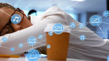 Poster - Animation of network of connections with icons over biracial businessman in office