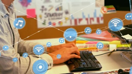 Poster - Animation of network of connections with icons over caucasian businessman in office