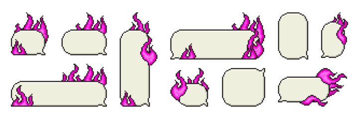Fototapete - Pixel art dialogue box with pink flame. Speech bubble in the mood of 90's game. Vector 8-bit retro style illustration for card, social media, banner, stickers.
