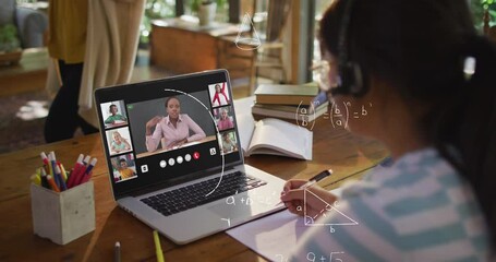 Poster - Animation of mathematical equations over asian girl having a video conference on laptop at home