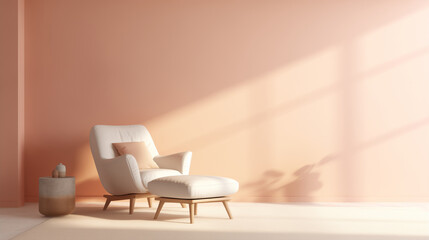 Minimal interior design of a stylish pastel room. Coral pink wall, lounge chair with wood on rug and wood floor, pillow, side table with ceramic vases. Sunlight. Empty wall mock up background. 