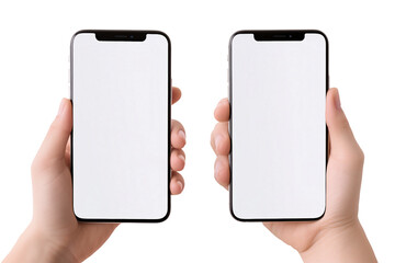 child hands hold blank screen mobile phones on transparent backgorund