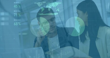 Poster - Animation of infographic interface over diverse colleagues discussing documents in office
