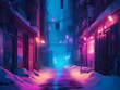 Peaceful alley during nighttime in cyberpunk city covered in snowy condition. Science fiction art mix with winter theme. Retrofuturism style.
