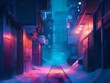Peaceful alley during nighttime in cyberpunk city covered in snowy condition. Science fiction art mix with winter theme. Retrofuturism style.